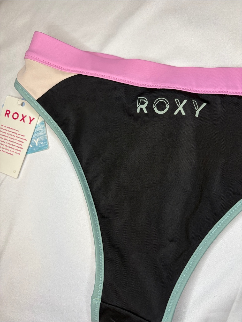 Roxy Active Midwaist Bikini Bottoms Color Block Pink Mint Black and White Cheeky